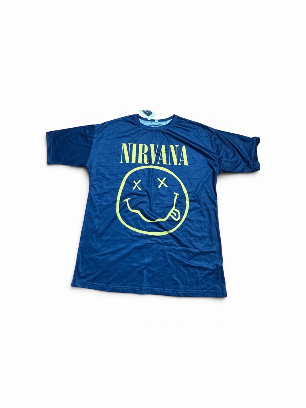 NIRVANA Blue Tee with Yellow Smiley Graphic